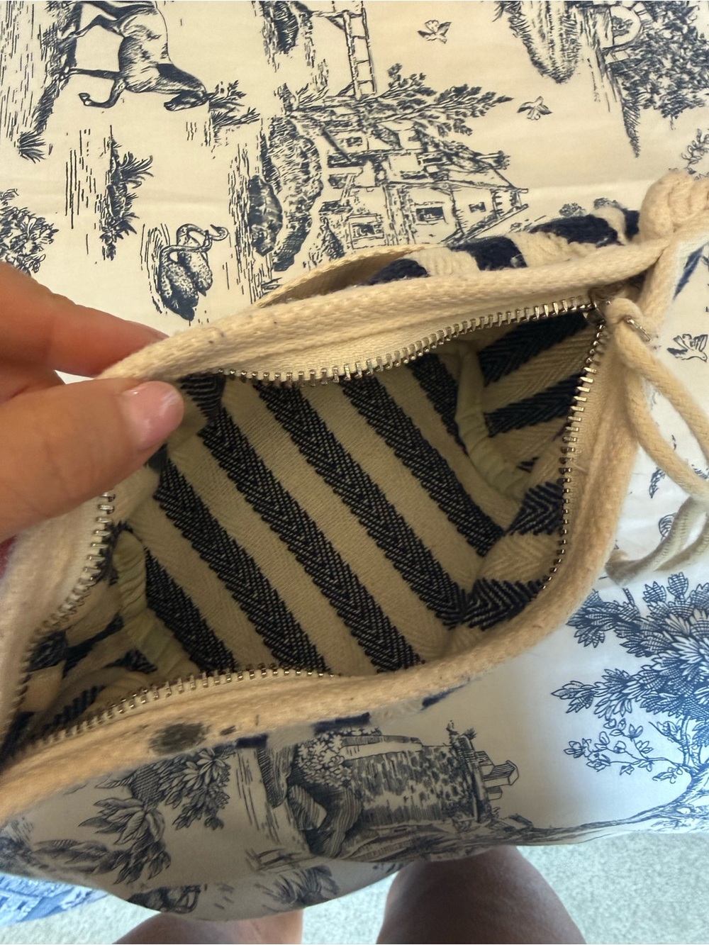 Striped Mini Drawstring Bag in Navy and Cream - Picture 3 of 3